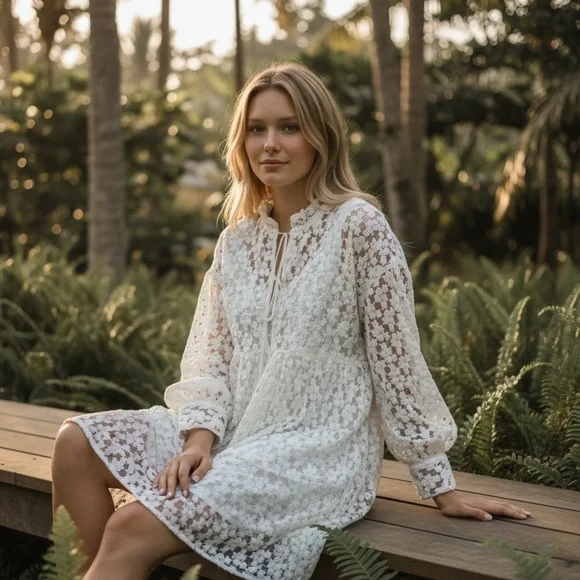 Zara White Floral Textured Babydoll Dress/Tunic - Size XL - Picture 3 of 10